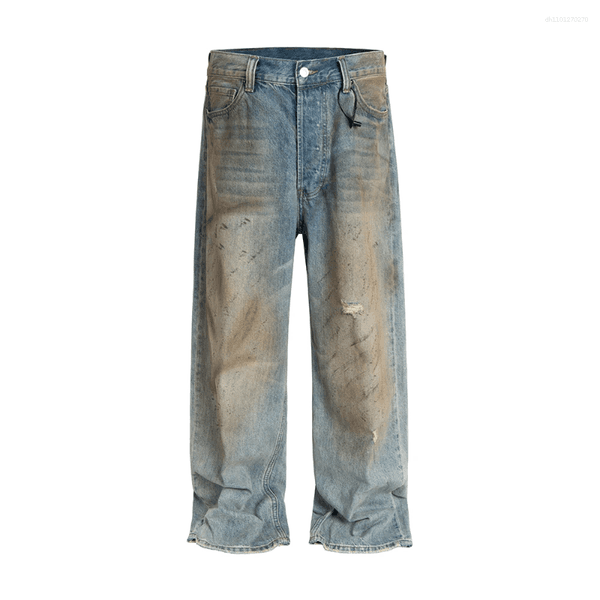 Men's Jeans Vitnage Washed Mud Stained Dirty Jenas Pants For Men And Women Pu Leather Pocket Baggy Denim Trousers