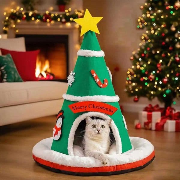 Cat Tent Bed Christmas Tree Warm With Removable Pad Large Cat Cave Bed Puppy House For Puppy Kitten Pet Indoor Home DecorXJ251113