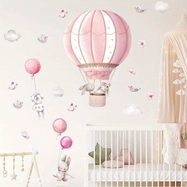 2pcs Cartoon Cute Rabbit Pink Balloon Clouds Wall Stickers for Kids Room Decor Childrens Living Nursery Decoration 251112