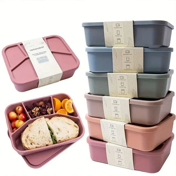 Foodgrade ecofriendly leakproof silicone lunch box suitable for children and adults 4 compartments 3 colors to choose from 251112