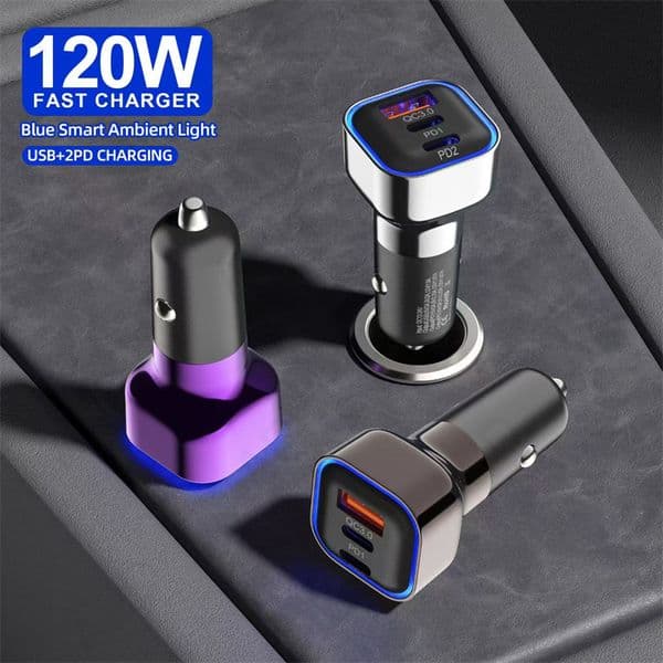 120W QC3.0 USB C Car Charger 2PD 1USB Ports Phone Fast Charging Cigarette Lighter Adapter Car Accessories For iPhone 17 16 15 14 13 Pro Max ipad Samsung Galaxy S25 S24 S23