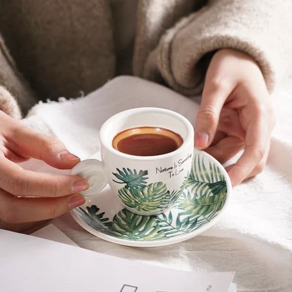 90ml Ceramics Coffee Cup And Saucer Set Nordic Fresh Cafe Drinkware Plant Monstera Office Mug Milk ESPRESSO S Teacup For Girl 251113