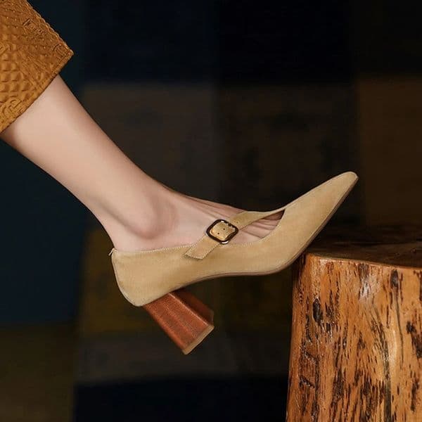 Spring Women Shoes Pointed Toe Chunky Heel Women Pumps Sheep Suede High Heels Belt Buckle Shoes for Women zapatos de mujer 251111