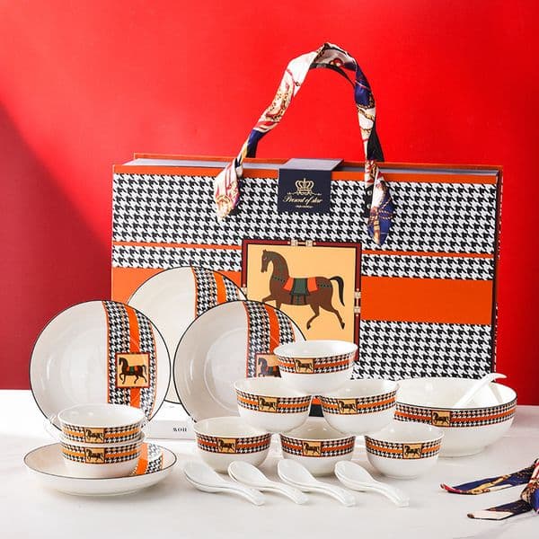 Junma retro style ceramic tableware, tableware and chopsticks set, light luxury gift box with gifts