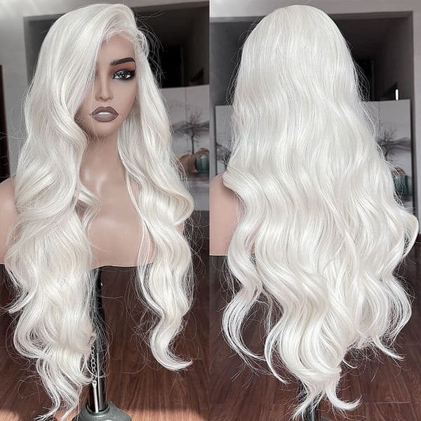 Long White Body Wave Lace Hair Similar to Real Human Hair Wigs 28 inch Pre Plucked with Baby Hair 13x4 Lace Front Wigs For Black Women Curly Synthetic Wig Loose Wavy Wigs