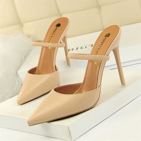 Summer retro simple womens shallow mouth thin high heels mule sling slider pointed toe hollow wedding slider pump shoes 250410BJ