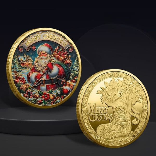 Manufacturer Wholesale Souvenir Coin Merry Christmas Lucky Coin Gold Plated Santa Claus and Elk Color Printed Commemorative Metal Gift Challenge Coin