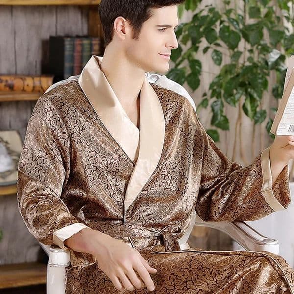 Men Bath Robe Satin Print Gold Kimono Bathrobe Silk Long Dressing Gown Plus Size Sleepwear Geometric Lounge Nightgown XL 4XL 5XL 251105