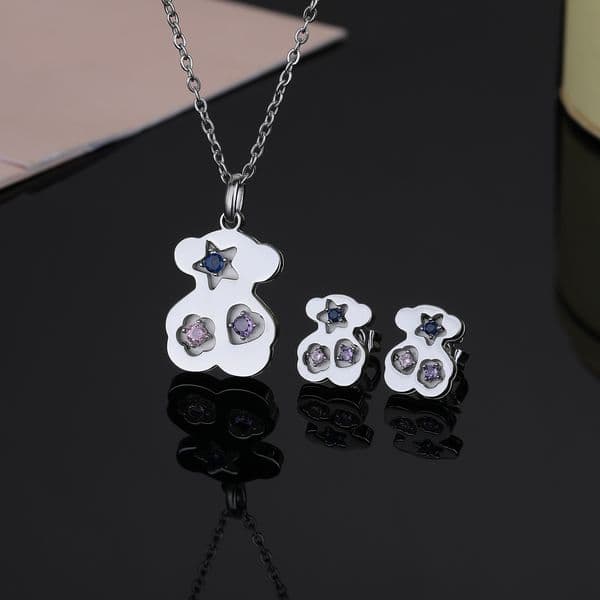 New Fashion Women Girls Silver Gold Stainless Steel Span Bear Color Stone Heart Flower Star Pendant Earrings Jewelry