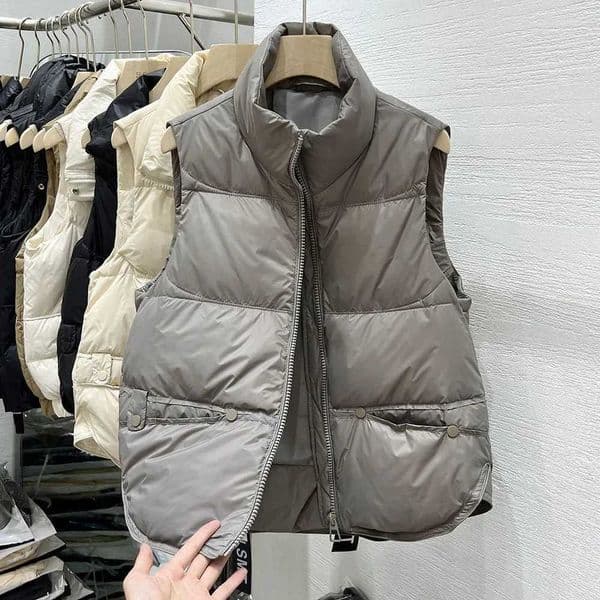 Autumn Winter Down Vest Jackets for Women Ultra Light Stand Collar Beige Sleeveles Cotton Coat Parka Ladies Warm Waistcoat E3 C251112