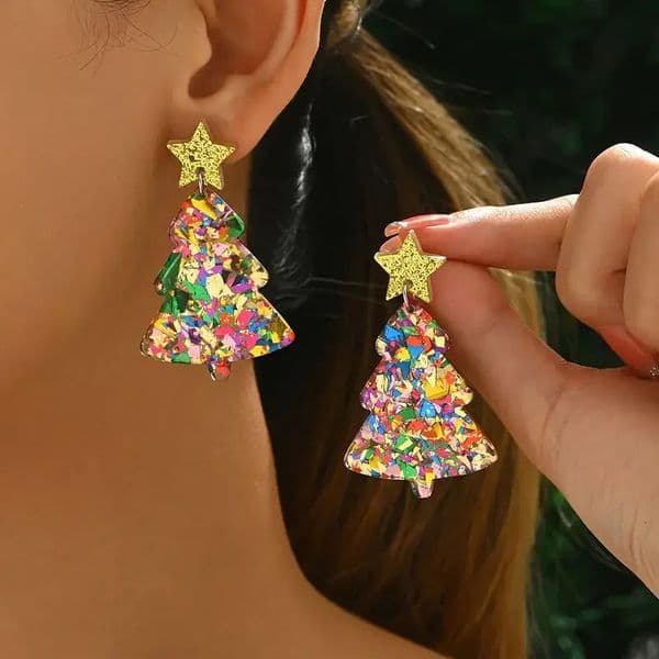 2D Flat Colorful Christmas Tree Earrings Fashionable Shining Stars Acrylic Earrings Jewelry Creative Gift for Women Decoration 251110