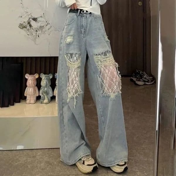 Womens open top jeans lace patchwork washing fashionable casual 2025 womens fashion high waisted straight denim shorts 250410BANJIA