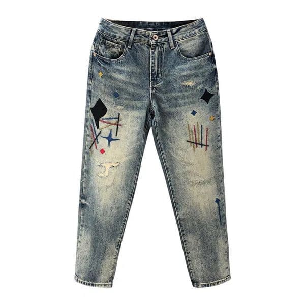 Japanese And Korean Retro MenS Jeans Embroidered Print Tapered Straight Leg Y2k Baggy Pants 251112