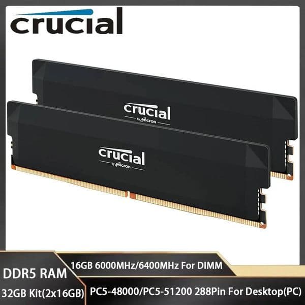 Crucial Memoria DDR5 RAM 32GB Kit 2x16GB 6000MHz 6400MHz PC5-48000 PC-51200 DIMM Desktop PC Gaming Memory For Intel and AMD RAMs