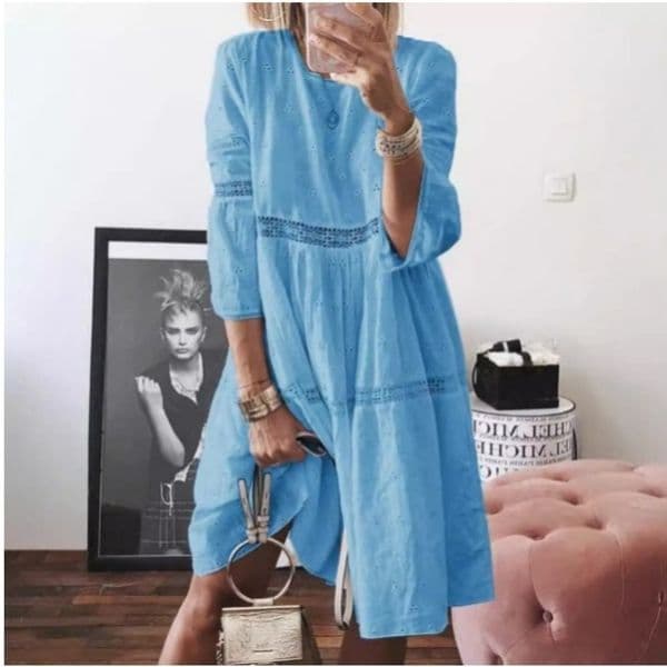(1623) Lace Stitching Hollow Embroidery Three-quarter Sleeve Dress Plus Size Long Skirt