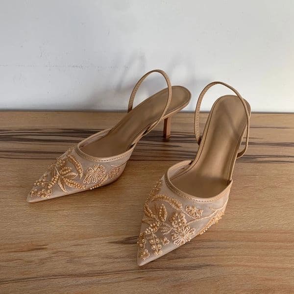 Mesh Embroidered Flowers High Heels Sandals Women Summer Sexy Slingback Pointed Toe Pumps Dress Shoes Sandalias De Mujer 251110