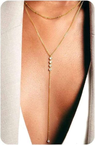 Lariat Long Women, 16K Plated Gold Necklace for Women Dainty, Drop Pendant Cross Necklace, Rosary Beaded Y-Shaped CZ Layered Necklaces, Silver Color Adjustable
