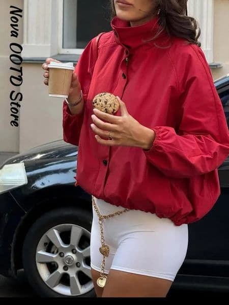 Casual Red Zipper Short Bomber Jacket Women Stand Collar Full Sleeve Button Pocket Coat 2025 Autumn Lady Chic Street Outwear 251112