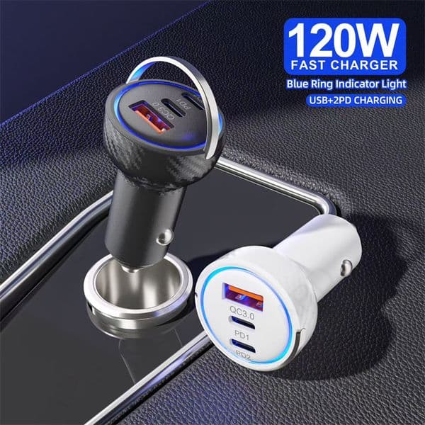 120W QC3.0 USB C Fast Car Charger 2PD 1USB Ports Phone Fast Charging Cigarette Lighter Adapter Car Accessories For iPhone 17 16 15 14 13 Pro Max ipad Samsung Huawei Xiaomi