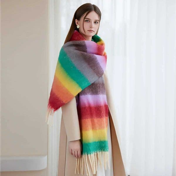 Rainbow Plaid Fringed Womens Cashmere Scarf Shls Winter Thickened Neck Warmer Color Block Imitation Cashmere Angora W251113