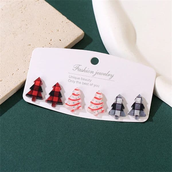 3 PairsSet Christmas Tree n With Plaid Pattern Stud Earrings Retro Cute Party Adorable Acrylic Ear Jewelry Women Gift 251103