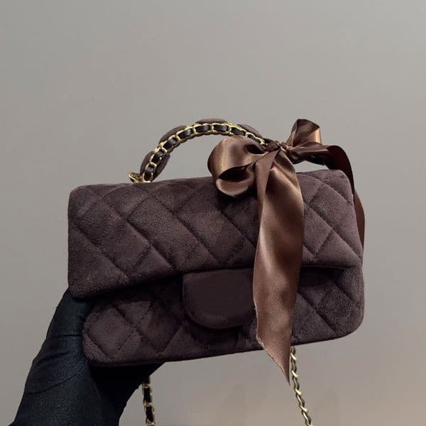 Hot New Arrival Designer Velvet Bag 25K Bow Diamond Gold Ball Chain Womens Shoulder Crossbody Flip-Top Clutch Brown Wool Tweed Purse Winter Warmth