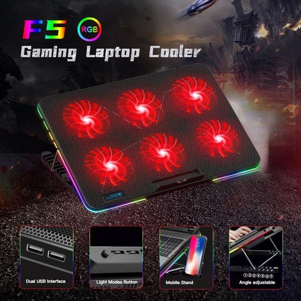 Coolcold RGB Lighting Gaming Style 6 Fans LED Screen 12-15.6inch Laptop Cooling Pad With Mobile Phone Holder 250402