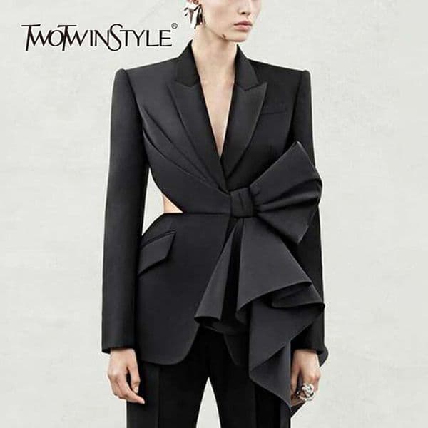 Solid Spliced Bowknot Hollow Out Blazer For Women Notched Collar Long Sleeve Tunic Temperament Blazers Female New