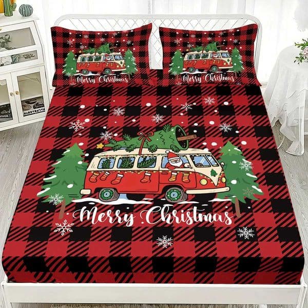 3pcs red checkered Christmas truck print coreless bed sheet set multi size bedcover bedroom bedding decoration machine washable Z251113