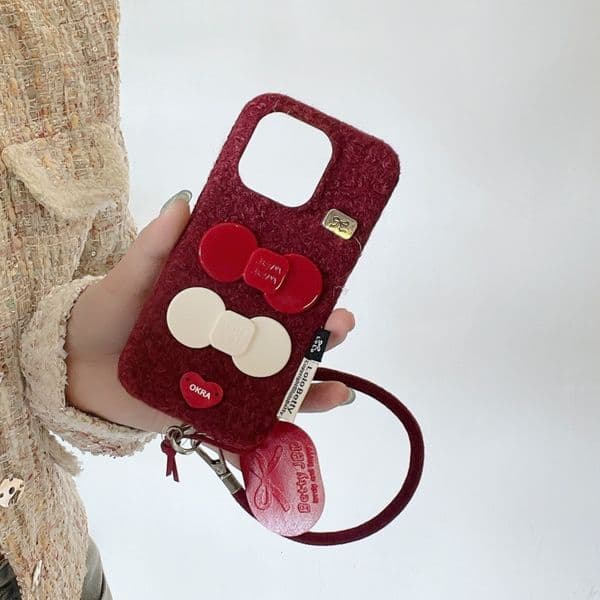 Velvet Bow Phone Case Suitable for iPhone 17 Pro Max Solid Color Lanyard Protective Cover iPhone 16/15 Pro