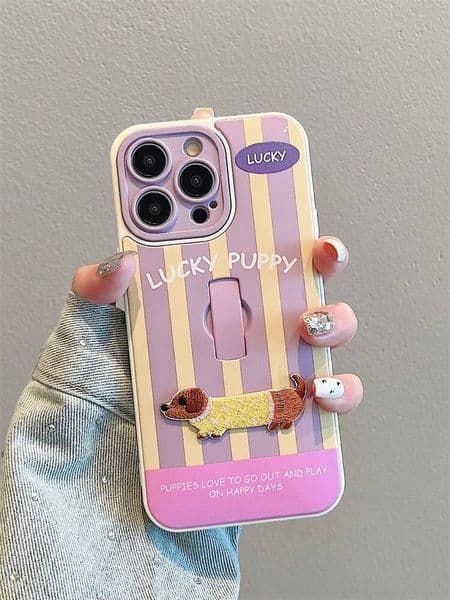 Cute Embroidery Dachshund Puppy Ring Stand Holder Case For iPhone 16 Pro Max 17 15 14 13 12 11 Colorful Stripe Back Cover
