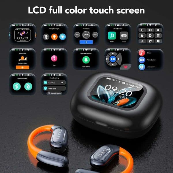 HTC Ne27 Open Earphones With AI Translation Function, Bluetooth 6.0 Support, LCD Screen, Stereo Long Battery Life, Earphone Case, Noise Reduction, Supports 134