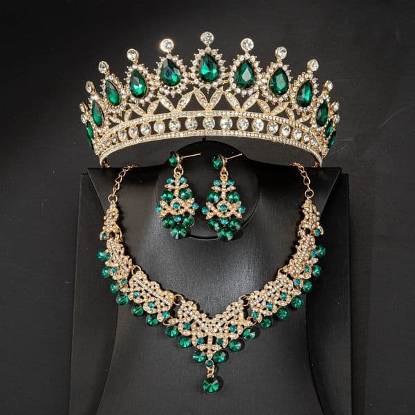 Crystal Rhinestone Bridal Tiaras Crown Women Queen Princess Purple Pink Red Blue Green Necklace Sets Fashion Jewelry Set Diadems 251107