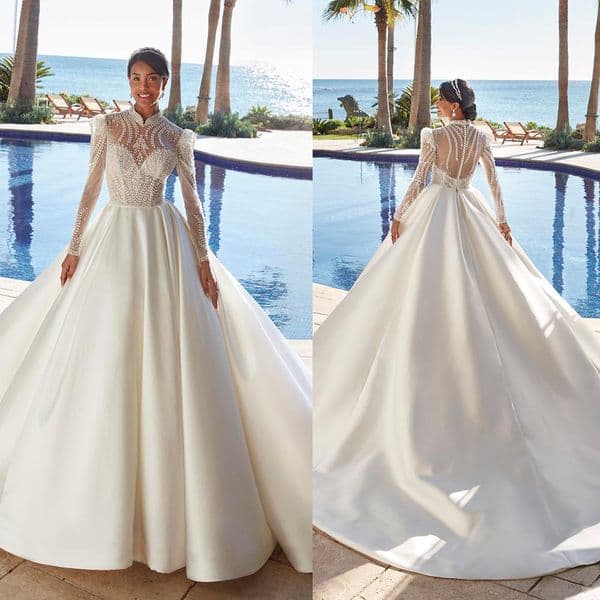 Elegant A Line Wedding Dress For Women Jewel Neck Long Sleeves Bridal Gown Lace Appliques Sweep Train Dresses Custom Made Vestidos De Novia Youmaigowns
