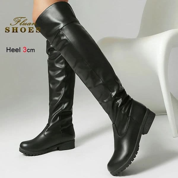 Winter Black Womens Knight Boots Over The Knee Round Toe PU Hightop Shoes y Heels 3cm Back Zipper Long 251103BANJIA