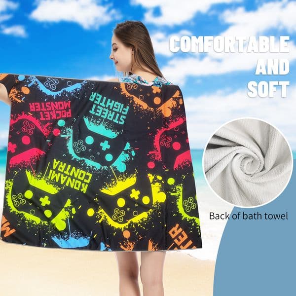 MUTAO Game Life Printed Microfiber Terry Bath Towel Swimming Towel, Quick-Wick Speedy-Dry, Tough Durable, Easy-Clean Compact for Gamer, Camping, Bath, Fitness.