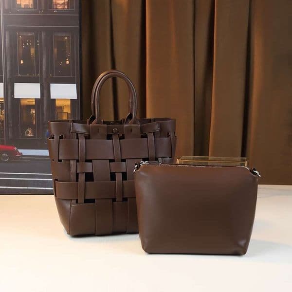 2025 Bag With Detachable Shoulder Strap, Large Capacity Design, Commuter Basket In Coffee Brown, Stylish Hollow Design Woven Texture Bag