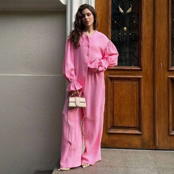 Cross-Border Long-Sleeved Cardigan + Wide-Leg European and American 2025 Autumn Lantern Sleeve Top Trousers Cotton Set