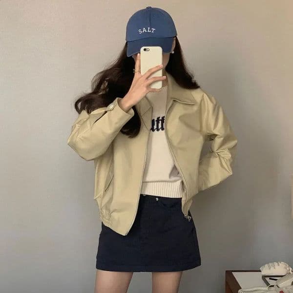 Plus Size Fashionable Korean Style Casual Petitelapel Cropped Jacket Autumn Baseball Work Clothes Large Coat 250410