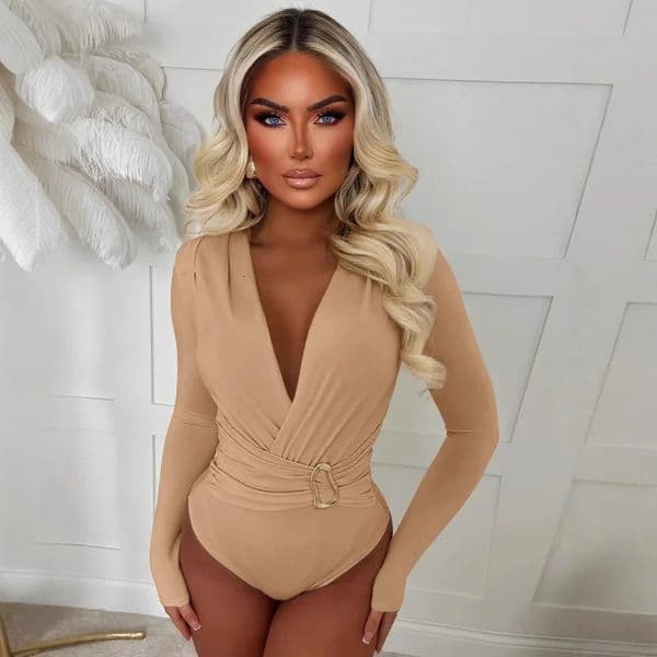 Spring Autumn Deep V Neck Long Sleeve Bodysuits Women Fashion Solid Slim Fit Pleated T-Shirt Casual Female Jummsuits Tops 251112