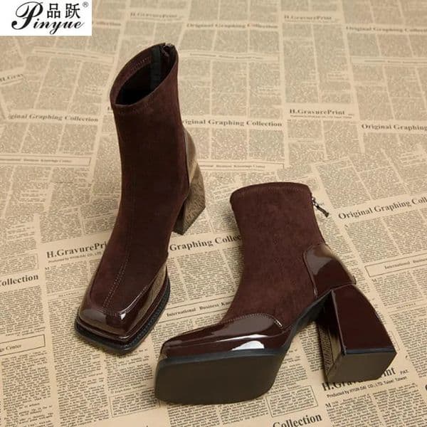 Square Toe Women Ankle Boots Suede High Heels Fashion Shoes Chunky Motorcycle Boots Trend Winter Pumps Botas Short boot35-40 251110