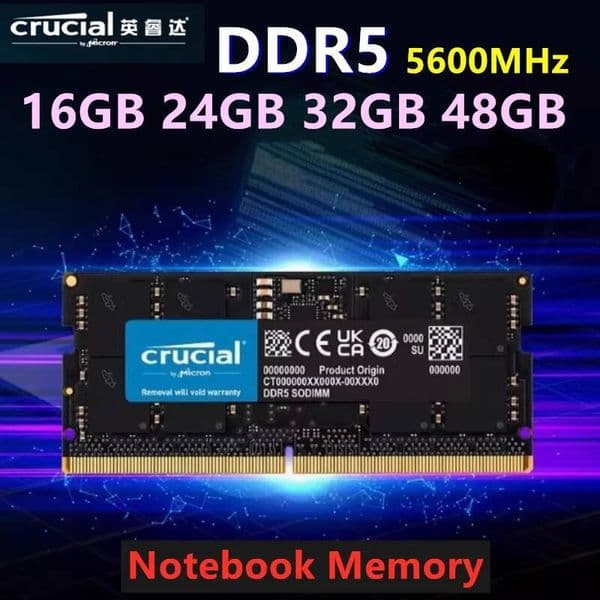 Crucial RAM DDR5 16GB 32GB 5600MHz Laptop Memory 262-Pin SODIMM Compatible with 13th Gen Intel Core and AMD Ryzen 7000