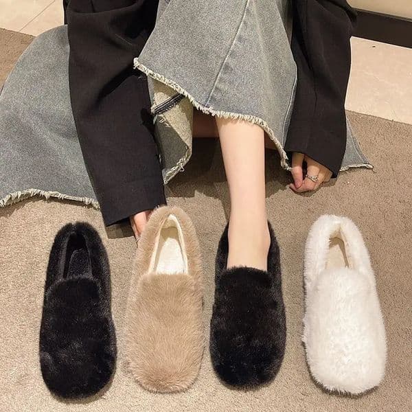 Black Downy Slip On Loafers Women Warm Winter Flat Fluffy Shoes Soft Sole Beige Fur Moccasins Mom Granny Furry Ballet Flats 251110