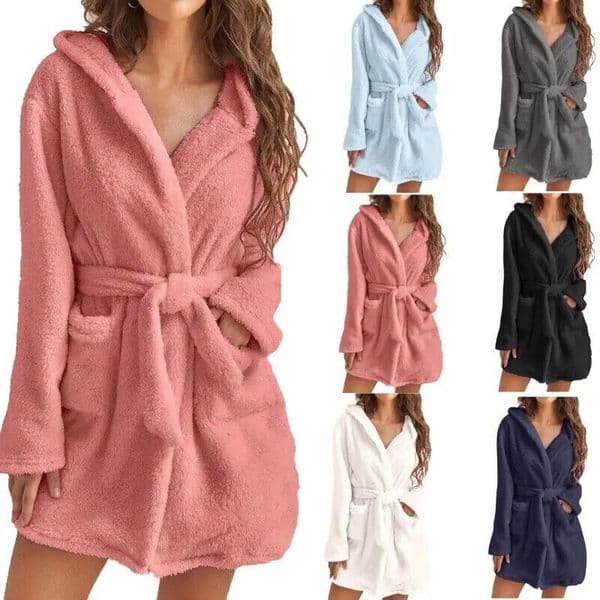 Womens Bathrobe Winter Fluffy Plush Pajama Womens Sexy Hooded Dress Solid Color Dress Warm Bathroom Womens Home Clothing 250414