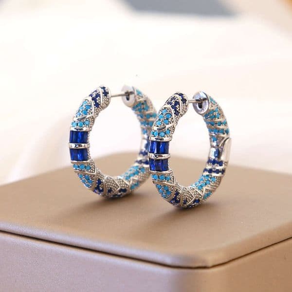 New Retro Style Blue Zircon Trendy European and American High-end Niche Light Luxury for Women Circle Earrings Wholesale