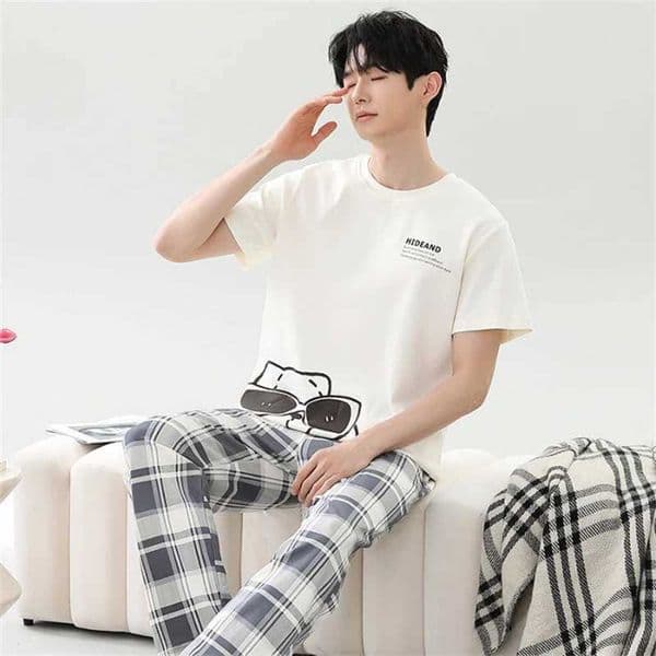 Mens summer pajamas with a cotton short sleeved round neck casual cartoon print designed for outdoor wear.XJ250415