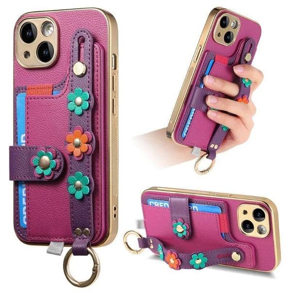 For iPhone 16 15 14 13 12 11 Pro Max Plus Luxury Leather Flower Wristband Card Slot Bag Holder Lens Protective Ring Phone Case thumbnail 2