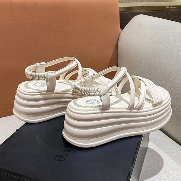 Sandals Comfort Shoes For Women Cross Elastic Band 2025Summer Strappy Heels Suit Female Beige Shallow Mouth Slip-on Low Black