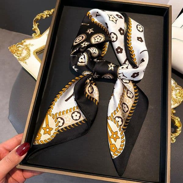 70x70cm Simple Geometric Printing Floral imitate Silk Scarf Headband for Women Girls Fashion Long Handle Bag Scarves Paris Shoulder Tote Luggage Ribbon Head