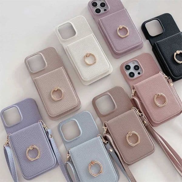 Makeup Mirror Flip Card Pocket Leather Case For Iphone 14 Pro Max 11 12 13 15 Finger Ring Holder Cute Crossbody Lanyard Cases J251115